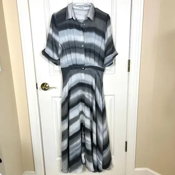 Officine Générale Nadia Linen Button Up Shirt Dress Grey Asymmetric Stripe MED - Picture 4 of 10